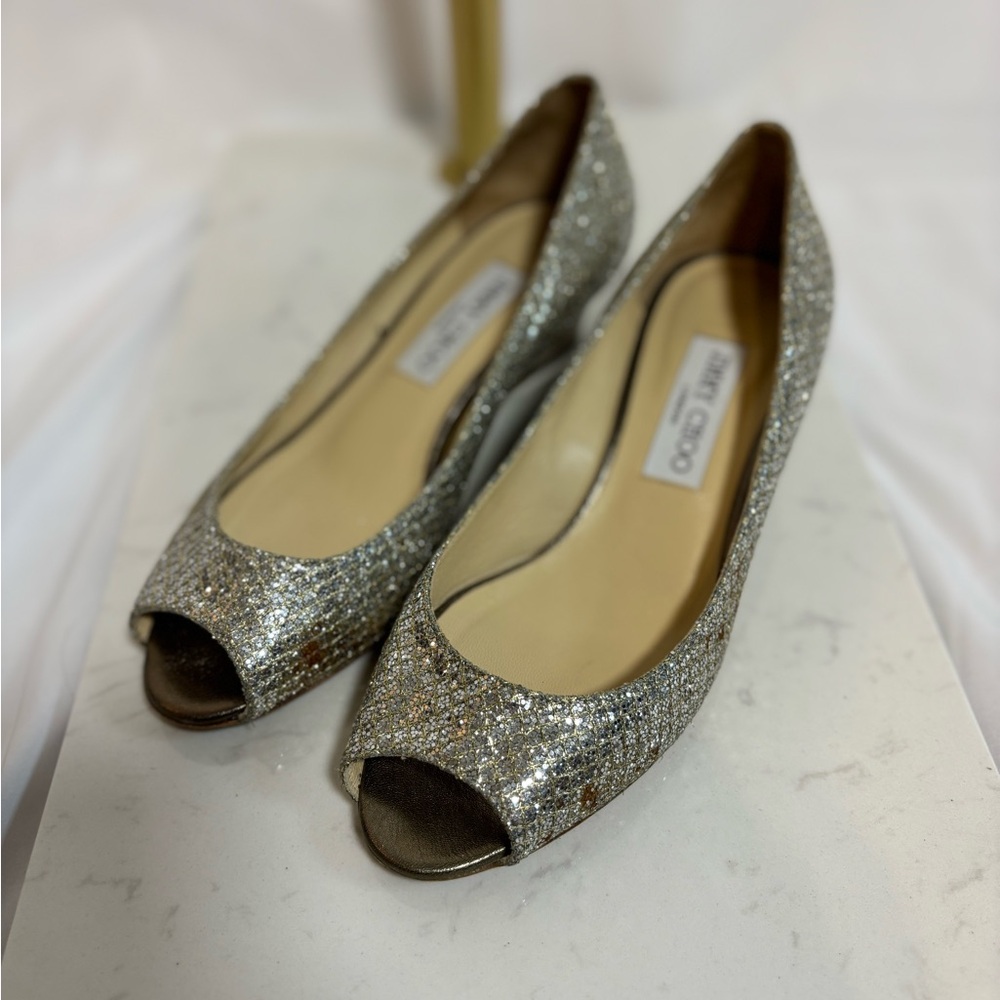 Jimmy Choo Glitter Fabric Isabel Peep Toe Pumps